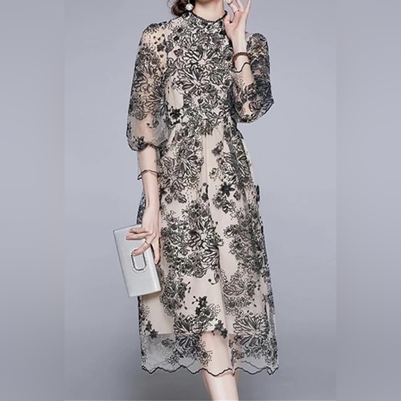 Vicky And Lucas Dresses & Skirts - Vicky and Lucas Black Floral Sheer Overlay Midi Dress in Neutral NWT large